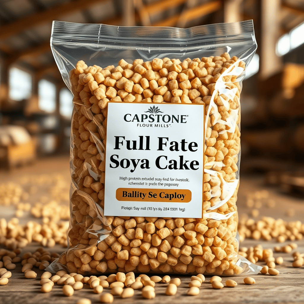 Full Fat Soya Cake - High-quality product image showing Extruded soya bean used by animal feed manufacturers as a source of protein.